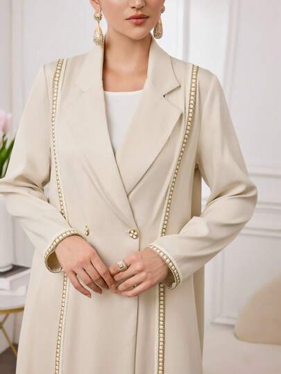 Al Najma 女士优雅长款阿巴雅，珍珠装饰，缺角领，双排扣设计，适合日常穿着