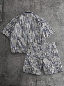 AXEPEAK 男士休闲时尚街头印花短袖衬衫短裤套装，夏季 - 彩色 - 查看 3