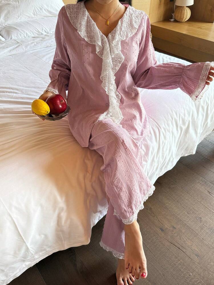 Women's Sleepwear Set With Charming 3D Polka Dot Jacquard Fabric, Sequin Embroidery And Ruffle Hem