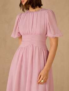 Enchnt 女士纯色褶皱圆领休闲短袖连衣裙 - Butter Yellow - 查看 2