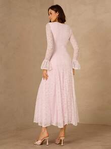 Enchnt Đầm dài nữ thanh lịch với tay áo xếp ly ren, thắt eo, thích hợp cho các buổi tiệc, liên hoan và hẹn hò. - Hồng - Xem 7