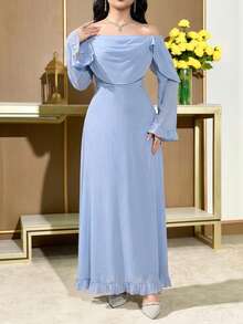 Modelyn 女士纯色荷叶边露肩优雅长袖连衣裙 - 藍色 - 查看 8