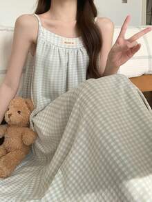 DAZY 绿色清新格子字母印花装饰宽松吊带中长款女士睡裙 - 綠色 - 查看 3