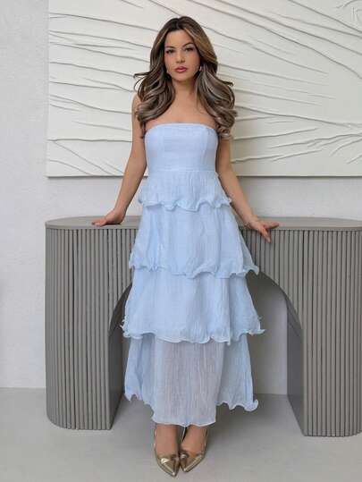 Jemour Enfärgad sexig rygglös superlång klänning i flera lager