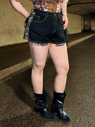 Pantaloncini di jeans vintage a vita alta con stampa leopardata, stile J-Fashion Y2K Gyaru, taglie comode per donne