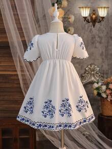 SHEIN Young Girls' White Print Waist Cinched Dress, Cute Puff Sleeves, Suitable For Party, Holiday, Daily, Vacation, Casual & Versatile - White - View 2