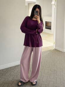 DAZY 配套柔软针织舒适宽松女士睡衣套装 - 紫色 - 查看 6