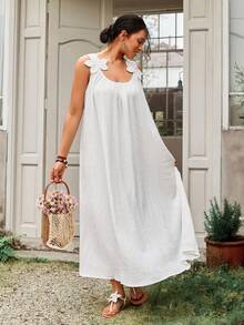 Freevana Plus Size Elegant Floral 3D Print Sleeveless Dress, Summer - White - View 4
