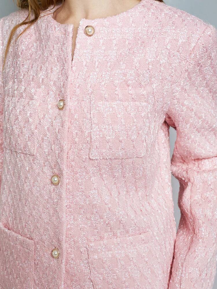 SHEIN Maija Women's Pink Pearl Jacquard Bow Decor Button Embellished Loose Fit Collared Long Sleeve Front Open Elegant Casual/Business Jacket, Versatile And Comfortable Design, Suitable For All Season, Ideal For Valentine's Day Festival