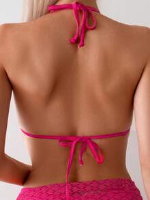 SHEIN Swim Bộ bikini đi biển mùa hè hình tam giác Halter với váy đi biển - Màu Hồng Tươi - Xem 4