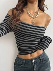 Coolane 女士加大码春夏休闲风日常外出灰色和黑色条纹针织露肩长袖T恤 - 黑色 - 查看 1