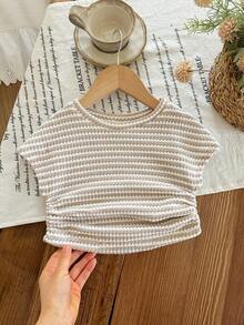 SHEIN Baby Girl Knitted Striped Pleated Crew Neck Top - Apricot - View 8