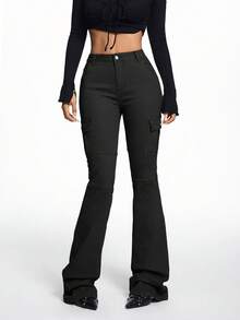 SHEIN ICON 女士高腰弹力喇叭牛仔裤 - 黑色 - 查看 6