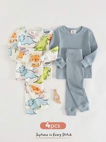 Cozy Pixies 4pcs Baby Boy Snug Fit Pajama Set - Round Neck Long Sleeve Top And Elastic Waist Long Pants Boys Pajama Sets Cotton Baby Pj Set Boy Baby Boy Clothes Dinosaur Baby Unisex Clothes Sets Baby Boy Clothes Long Sleeve - Multicolor - View 3