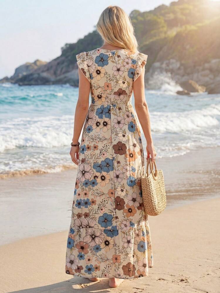 shien beach dress SHEIN Women's Black Floral Summer Boho Holiday Vacation Dress, Tropical Flower Knitted Elegant Deep V-Neck Sleeveless Adjustable Suspenders Long Skirt