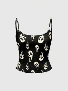 ROMWE Gothic Dark Mysterious Ghost Face Print Camisole For Women - Black - View 1