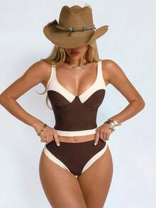 Shapewave Women's Brown & Beige Patchwork Tankini Set With Binding Waist - Multicolor - View 7