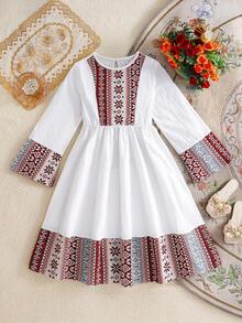 SHEIN Tween Girl Spring & Summer Casual Vacation Retro Stripes & Geometric Retro Print Patchwork Flare Sleeve Ruched Hem Long Dress - Burgundy - View 7