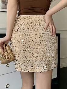 DAZY Chân váy ngắn ôm sát thanh lịch đính sequin dành cho nữ, thích hợp cho mùa xuân/hè, váy dự tiệc cưới. - Màu be - Xem 2