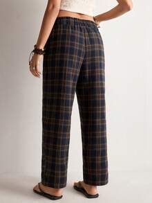 Freevana 复古藏蓝色和棕色格子七分裤，高腰抽绳宽松锥形裤腿休闲修身格纹长裤，适合工作和日常穿着。 - 藏蓝色 - 查看 2