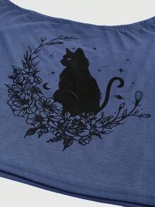 ROMWE Fairycore Áo thun nữ dáng ngắn cổ lệch in hình mèo, thích hợp mặc mùa hè. - Màu xanh hải quân - Xem 4