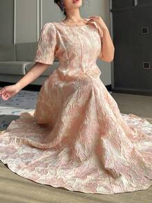 Dazy Plus 大码女式印花方领短袖收腰长款派对连衣裙，粉色，春夏吊带裙 - 淺粉色 - 查看 1