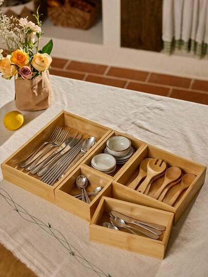 Cirelle 1Pc Bamboo Drawer Organizer,5 Sizes Available Adjustable Kitchen Drawer Organizer Utensils Bamboo Organizers Silverware Storage Box Cutlery Tray Multi-Use,Versatile Dividers Cutlery Holders Bins Containers For Flatware Kitchen Utensils For Bathroom, Makeup, Office Decorations Autumn Decor Festival Decor Room Decor Home Decor Fall Decor Bedroom Decor Christmas For Holiday Gift Giving
