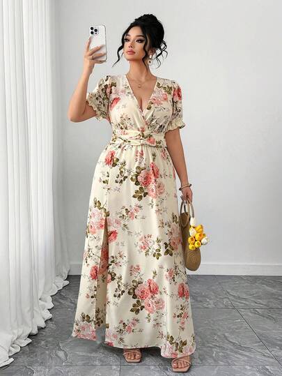Elenzga Vestido elegante de talla grande con estampado floral y abertura alta, para verano