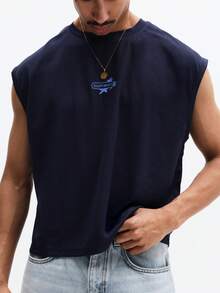 SUMWON 宽松印花无袖背心，胸前印有数字图案，休闲夏季衣橱必备，舒适百搭 - 寶藍色 - 查看 4