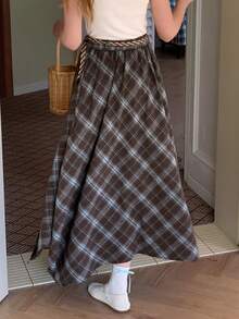 DAZY 少女格子印花不对称下摆休闲裙 - 棕色 - 查看 3