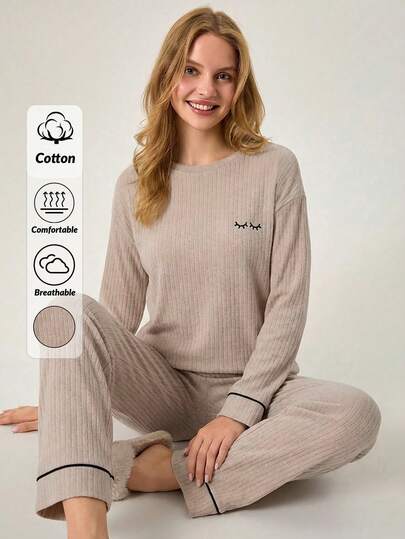 Loomlin 2pcs Cotton Contrast Piping With Eye Embroidery Detail Homwear Set