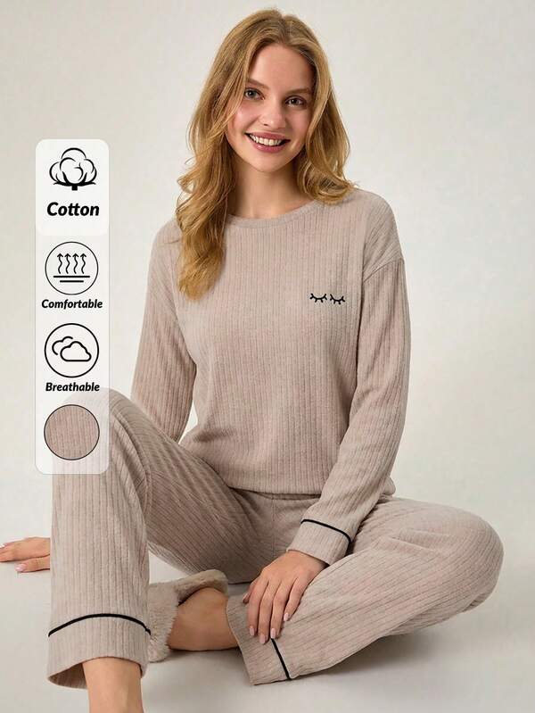 Loomlin 2pcs Cotton Contrast Piping With Eye Embroidery Detail Homwear Set