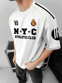 Aesthetic Post Street Style, NYC Letter & Number 10 Print, Men's Football Club Element Round Neck T-Shirt - White - View 3