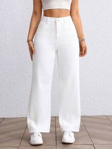 SHEIN EZwear 大码女式春季白色无弹力修身直筒裤 - 白色 - 查看 1