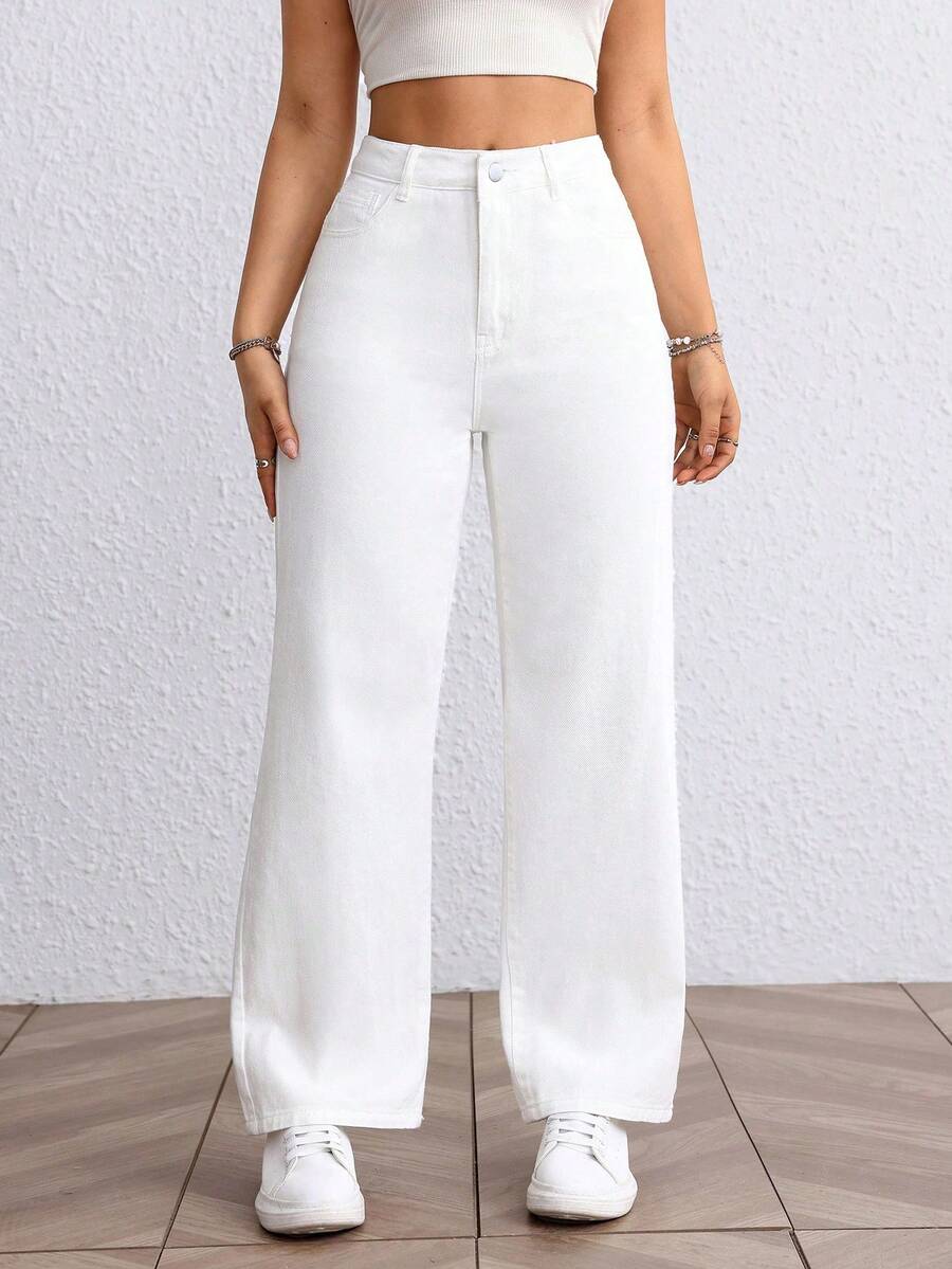 SHEIN EZwear 大码女式春季白色无弹力修身直筒裤 - 白色 - 查看 1
