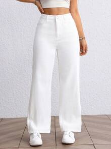 SHEIN EZwear 大码女式春季白色无弹力修身直筒裤 - 白色 - 查看 3