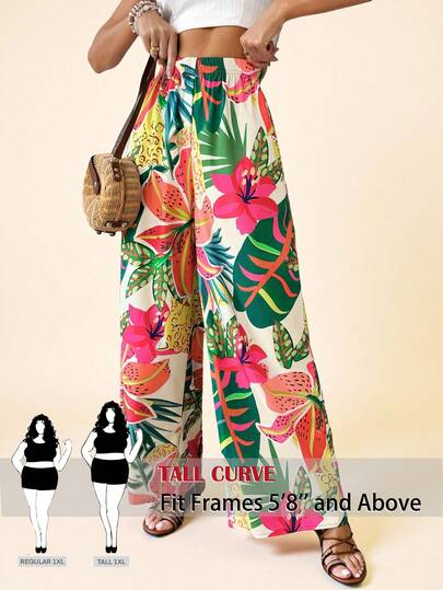 SHEIN Tall CURVE Pantalones anchos de cintura alta de mujer con tejido metálico elegante y de moda para fiestas, talla grande