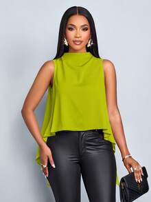 SOLERSUN 女士春夏度假纯色优雅不对称下摆无袖衬衫 - 綠色 - 查看 4