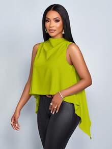 SOLERSUN 女士春夏度假纯色优雅不对称下摆无袖衬衫 - 綠色 - 查看 6