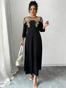 Qadelle Đầm cổ tròn thanh lịch dành cho nữ, phối lưới tương phản. - màu đen - Xem 5