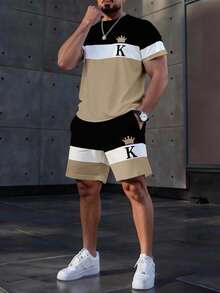 Manfinity Homme 男士皇冠字母印花修身短袖T恤和短裤休闲套装 - 彩色 - 查看 2