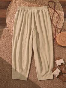 Rusticease 大码女式早春休闲度假蕾丝拼接纯色卡其色七分裤，带口袋 - 卡其色 - 查看 3