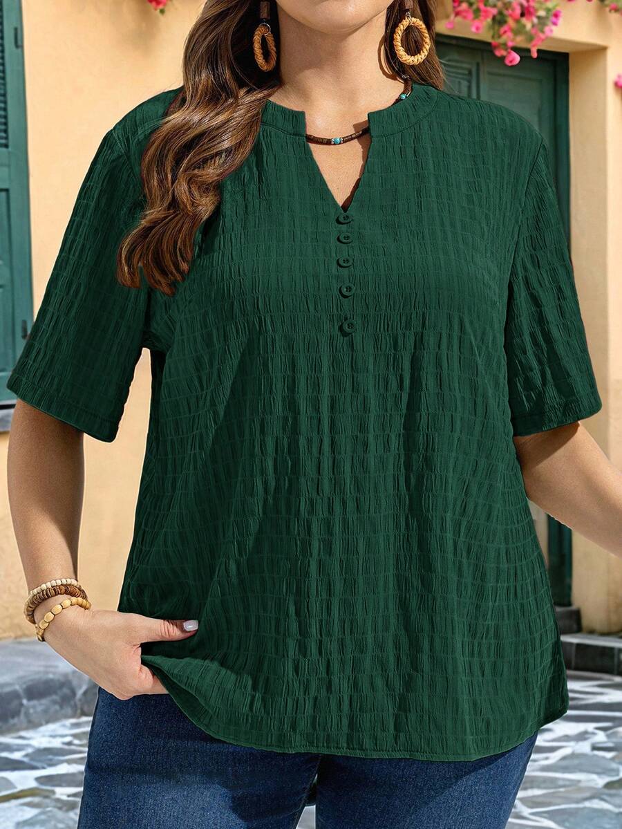 EMERY ROSE Áo sơ mi ngắn tay đơn giản, cỡ lớn, thích hợp cho mùa hè. - Màu xanh lá cây đậm - Xem 1