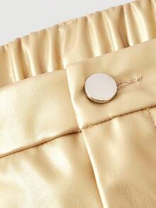SHEIN MOD Plus Size Solid Color Patchwork Side Pocket Straight Leg Faux Leather Pants - Gold - View 3