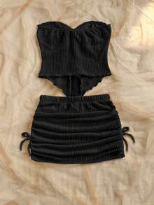 SHEIN Conjunto de 2 piezas de top sin mangas y falda asimétrica holgada, informal y minimalista para niña preadolescente - Negro - Ver 2