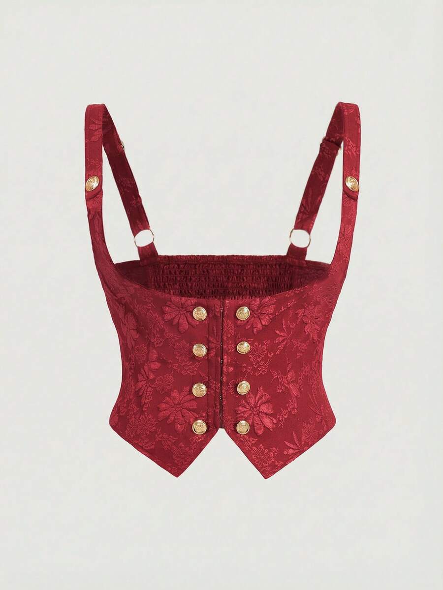 SHEIN MOD Camisa ajustada sin mangas de estilo vintage con jacquard negro para mujer de talla grande - Rojo - Ver 1