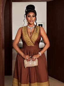 Maweii Plus Size V-Neck Geometric Pattern Ruffle Hem Sleeveless Dress - Brown - View 6