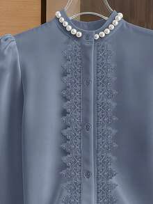 Franclia 女士休闲通勤圆领长袖珍珠装饰衬衫，优雅百搭，适合工作场合，秋冬季穿着。 - 霧霾藍 - 查看 4