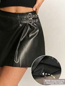 Radiana Gonna di moda in pelle PU con design a fibbia in vita, colore unito - nero - Visualizzare 1
