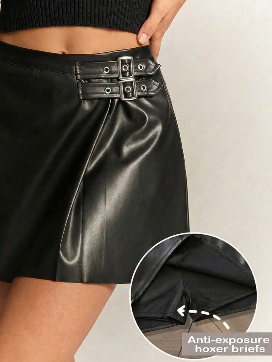 Radiana Gonna di moda in pelle PU con design a fibbia in vita, colore unito - nero - Visualizzare 1